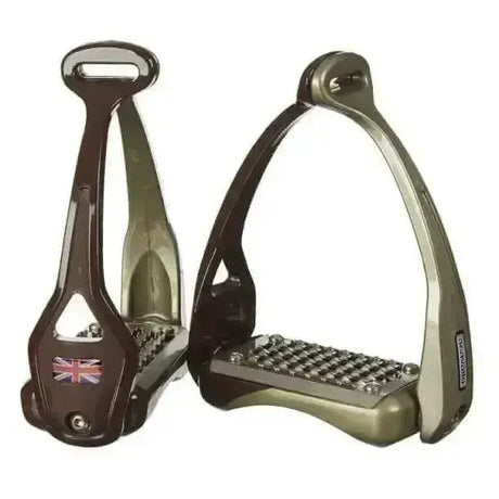 Dark brown and olive green metal acavallo opera stirrup with textured grid footplate and special patented loop design