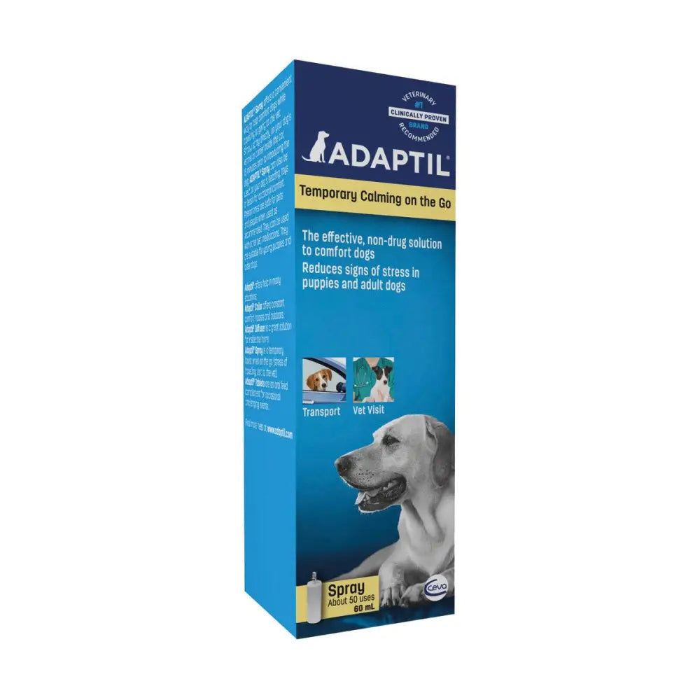 Blue cardboard box of adaptil dog calming spray with a labrador illustration featuring natural canine appeasing pheromone