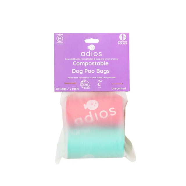 Adios clipstrip refill poo bags rainbow in pink and teal compostable bags with purple clipstrip refill package