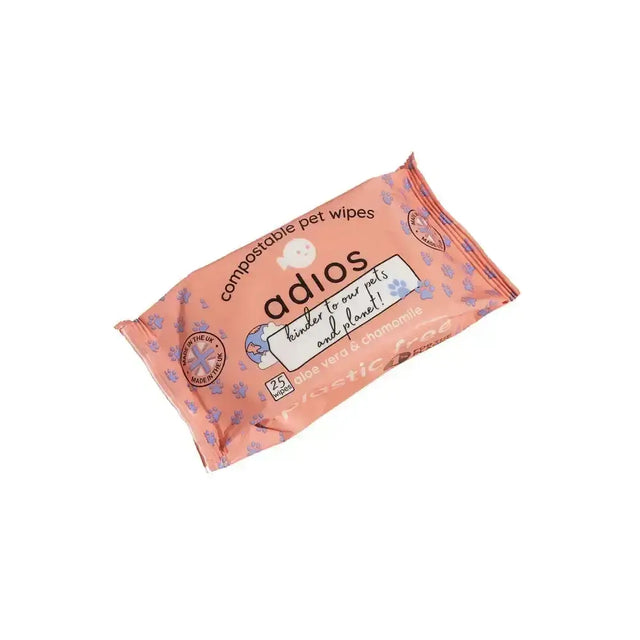 Pink packaged adios compostable pet wipes with cute cartoon design for eco-friendly pet cleaning