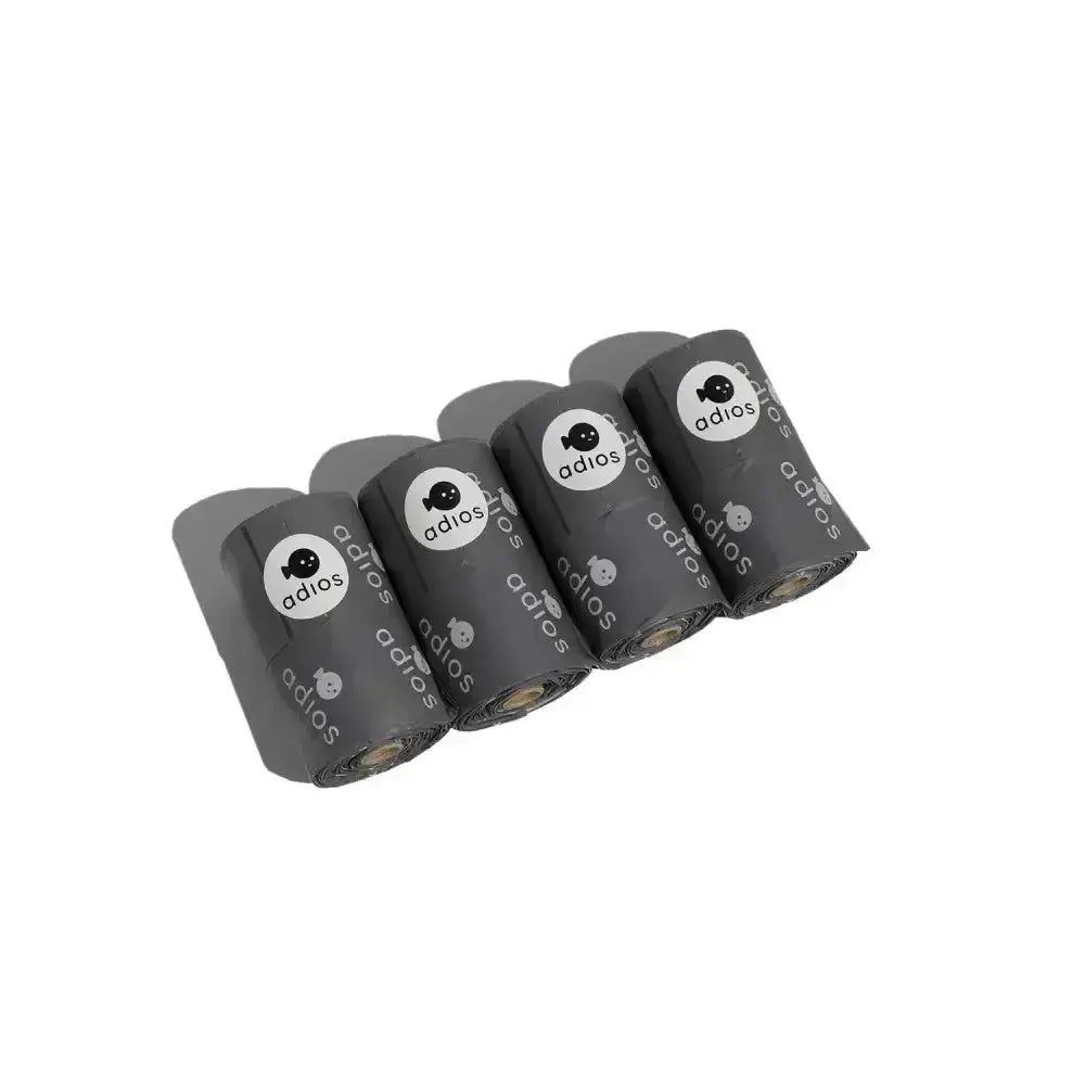 Four rolls of black adios handle roll poo bags with white camera logo for easy pet waste cleanup