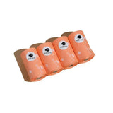 Four rolls of peach patterned plastic adios handle roll poo bags with a white logo and black fish icon
