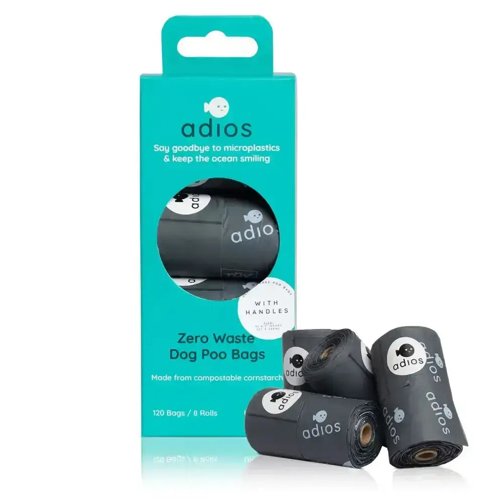Black roll poo bags with white adios handle branding and fish logo in a teal box 8 rolls of roll poo bags