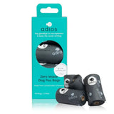 Black roll poo bags with white adios handle branding and fish logo in a teal box 8 rolls of roll poo bags
