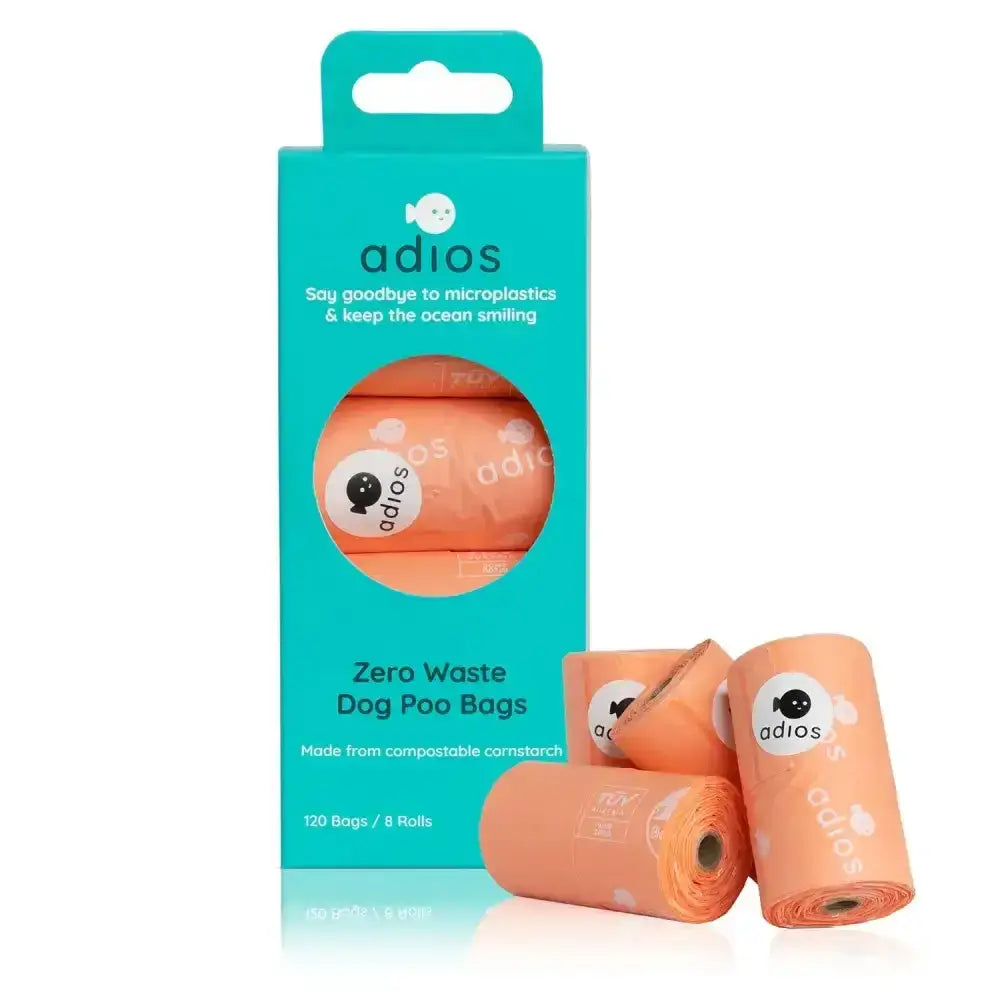 Teal package of adios handle zero waste roll poo bags with orange rolls and black and white logo eight rolls