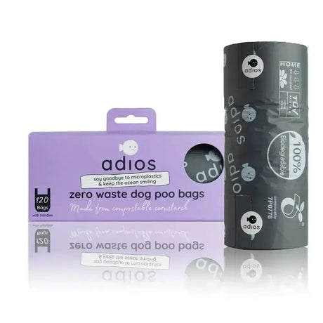 Purple and black adios handle roll poo bags jumbo 120 count made from compostable cornstarch zero waste material