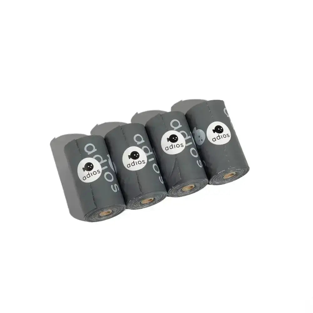 Gray plastic adios non handle poo bags with white logo and black camera icon in 4 rolls pack