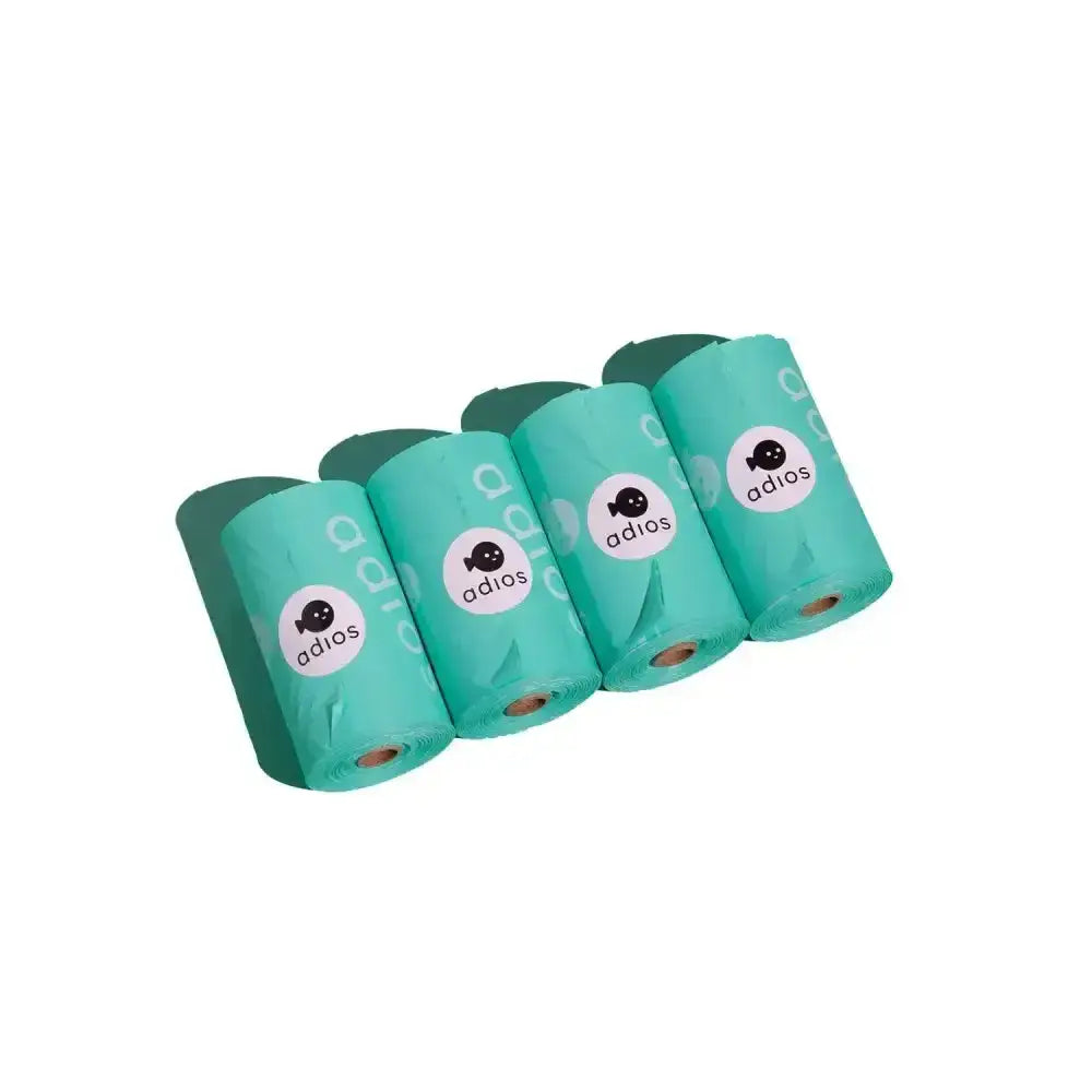Teal adios non handle poo bags pack of 4 rolls with black and white branding perfect for easy pet waste cleanup