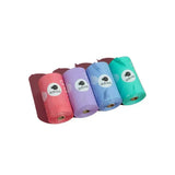 Four rolls of colorful adios non handle poo bags with white labels and fish logo perfect for pet waste cleanup