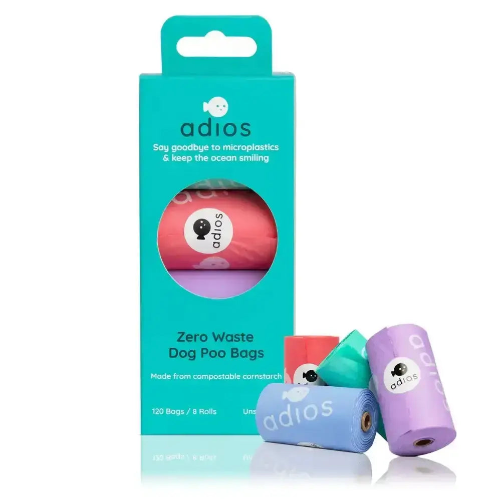 Colorful adios non handle poo bags with 8 rolls in pink purple blue teal featuring playful dog logo for zero waste use