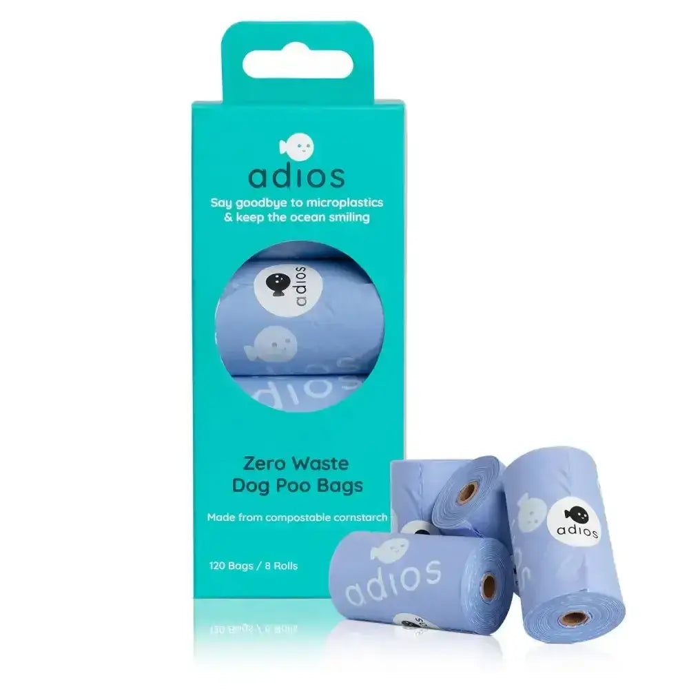 Light blue adios non handle poo bags made from compostable cornstarch in teal box with clear window 8 rolls
