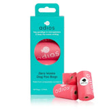 Pink roll of adios zero waste non handle poo bags in teal packaging for easy eco friendly dog poop cleanup