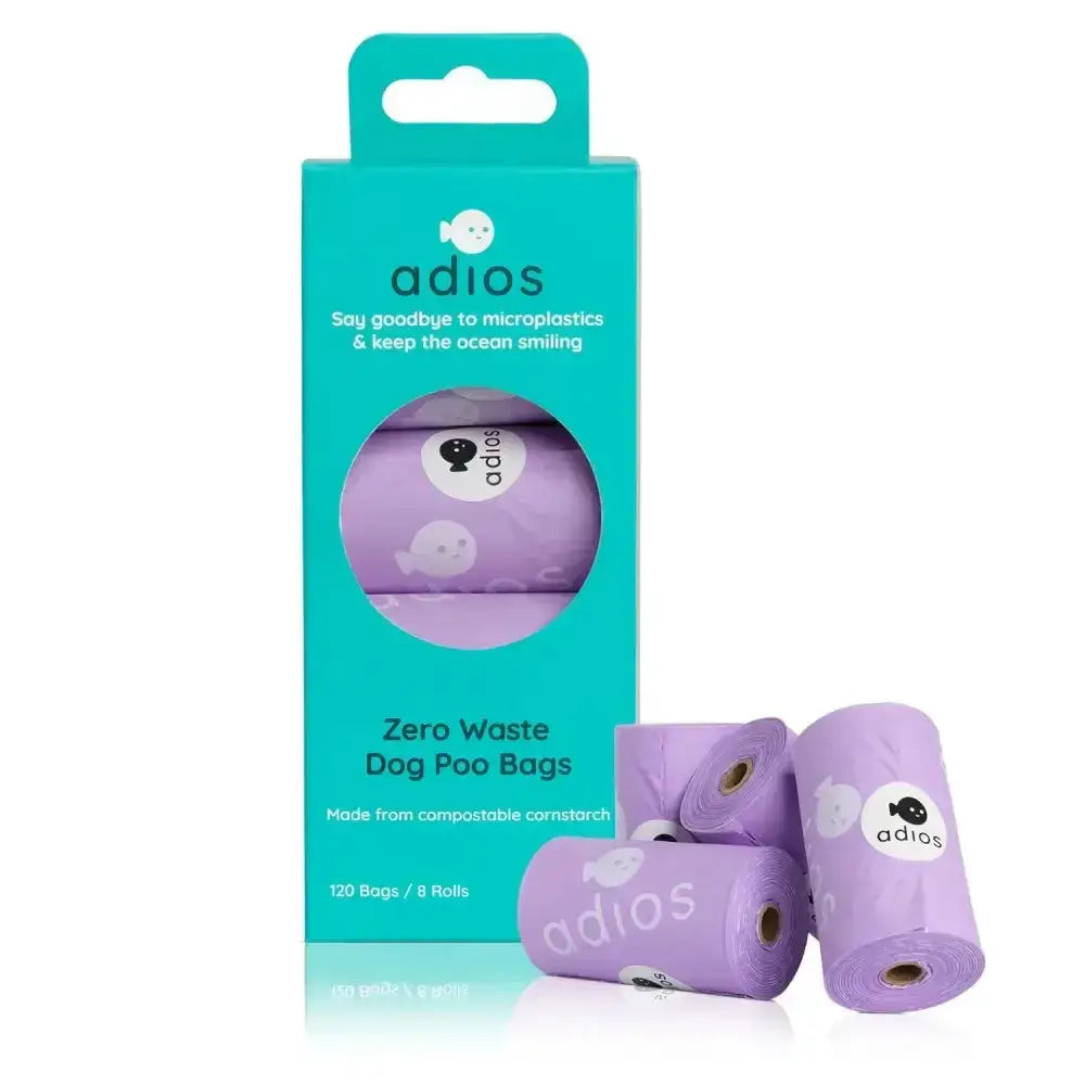 Purple adios zero waste non handle poo bags in teal package perfect for eco friendly dog cleanup