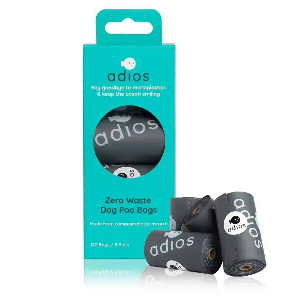 Teal package of black adios zero waste non handle poo bags made from compostable cornstarch with 8 rolls