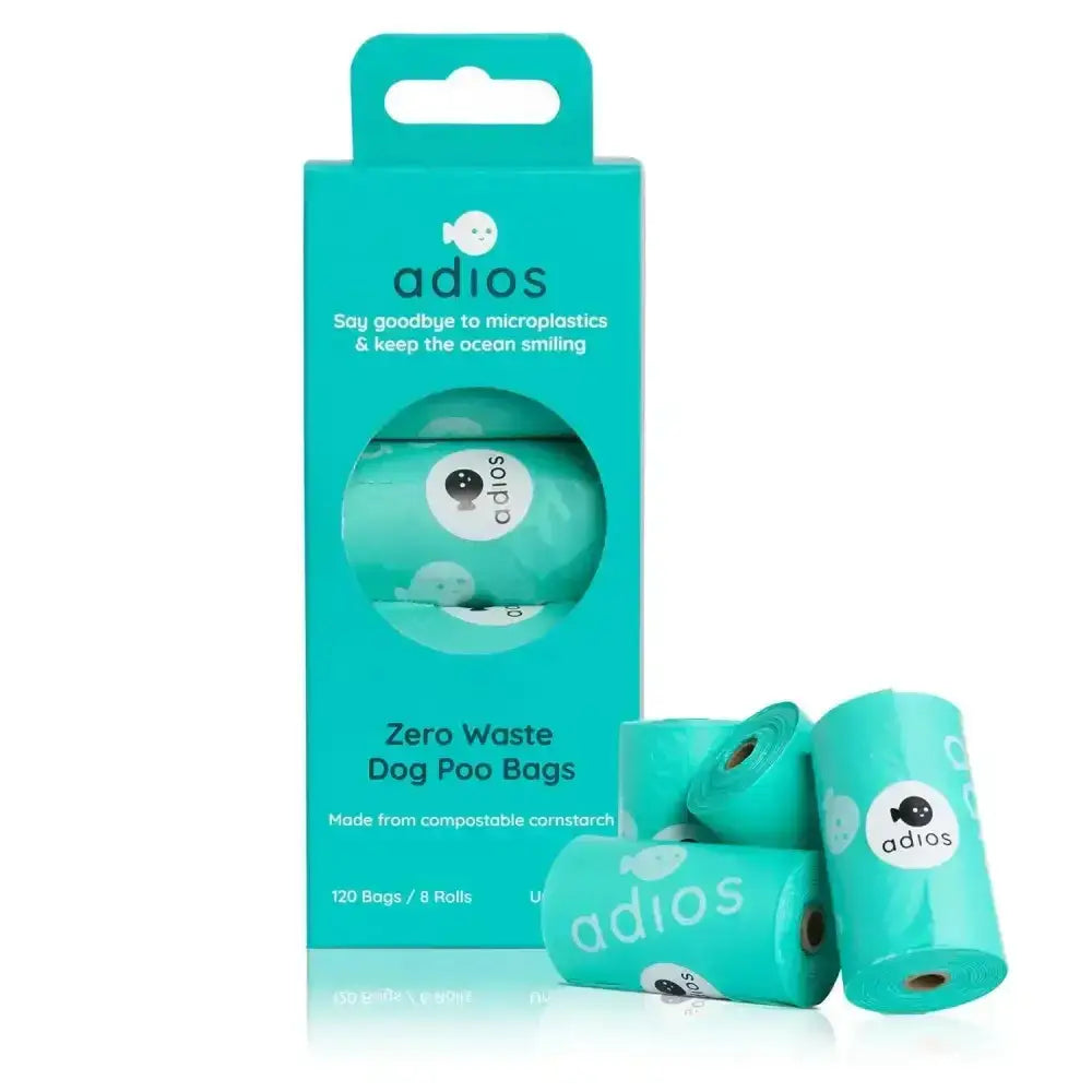 Teal adios non handle poo bags made from compostable cornstarch in retail pack with 8 rolls zero waste bags