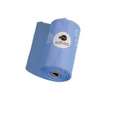 Light blue plastic adios non handle poo bags single roll with white logo and cartoon fish for pet waste cleanup