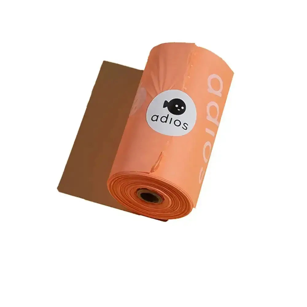 Orange plastic roll of adios brand non handle poo bags single roll for pet waste cleanup