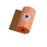 Orange plastic roll of adios brand non handle poo bags single roll for pet waste cleanup