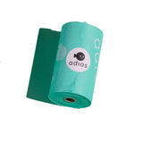 Teal-colored adios non handle poo bags single roll with cartoon fish design perfect for easy pet waste cleanup