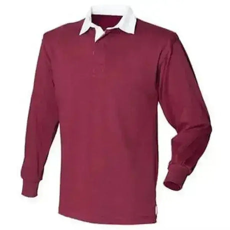 Maroon adult rugby shirt cross country colours with white collar and cuffs long sleeve shirt cross country style
