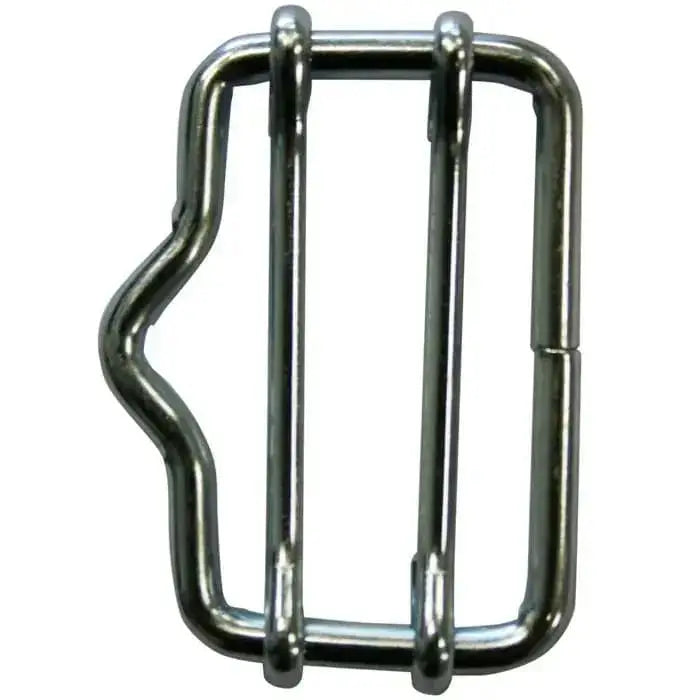 Shiny silver galvanised steel agrifence 40mm tape joiner buckle with rectangular frame and three vertical bars