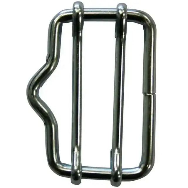 Shiny silver galvanised steel agrifence 40mm tape joiner buckle with rectangular frame and three vertical bars