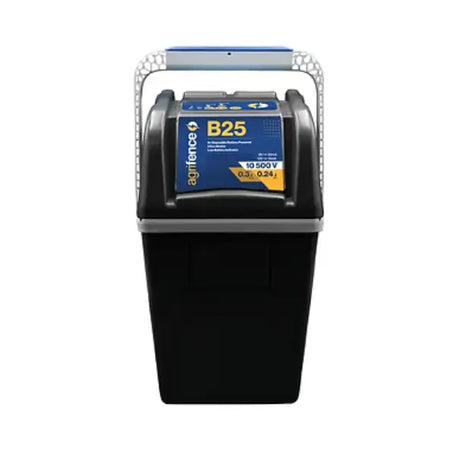 Black plastic agrifence b25 9v energiser with blue yellow label and silver handle frame from barnstaple equestrian supplies