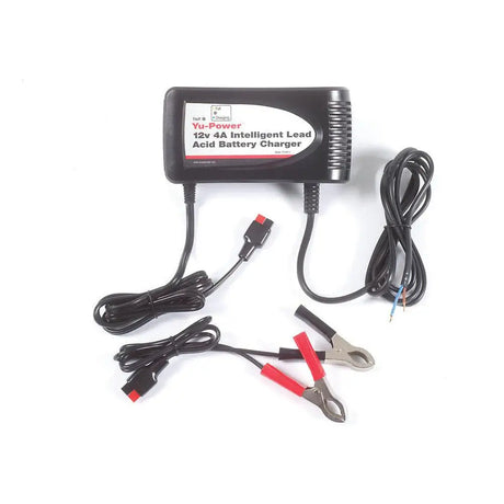 Black agrifence battery charger 12v with coiled cables and alligator clips featuring soft start technology and automatic de-sulphation feature
