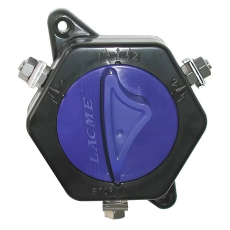 Black hexagonal agrifence circuit breaker with blue lacme dial and silver connectors for electric fencing use