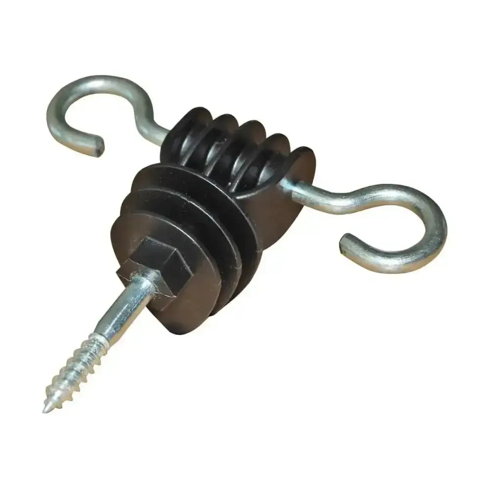 Black insulated wire grip with two metal hooks and screw-in mounting point for agrifence classic gate woodscrew double loop use