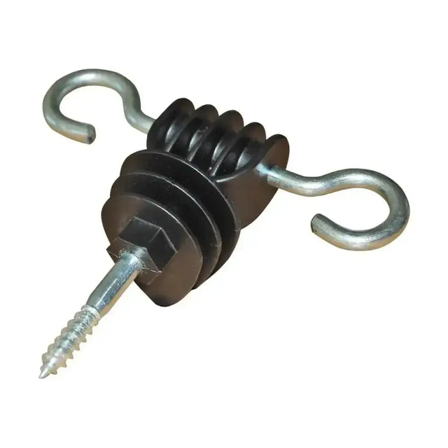 Black insulated wire grip with two metal hooks and screw-in mounting point for agrifence classic gate woodscrew double loop use