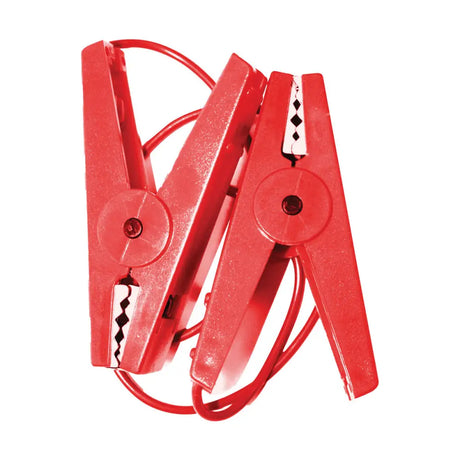 Red plastic agrifence croc clips with coiled leads for electric fencing with durable ring ends