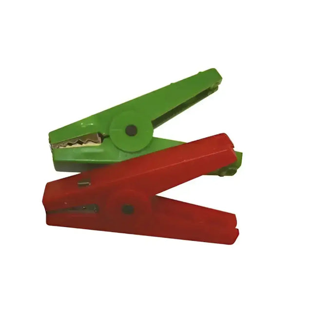 Green and red plastic agrifence crocodile clips with metallic jaws for electric fencing use