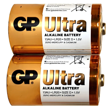 Gold-colored agrifence d-cell batteries pack of 2 with white labels for electric fencing use, 1.5v ultra alkaline
