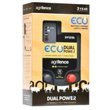 Black agrifence dp1210 eco dual power energiser with red button and eco mode indicators for electric fencing