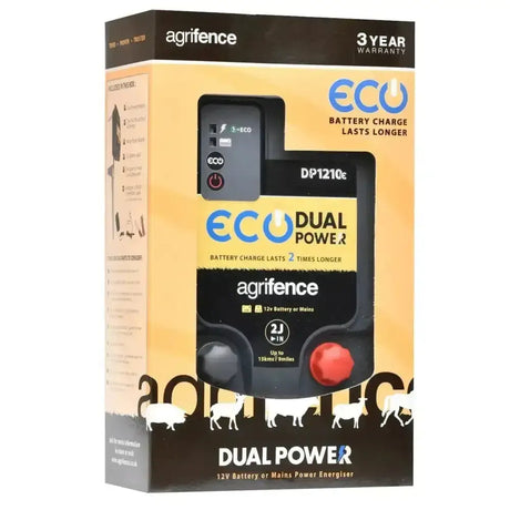 Black agrifence dp1210 eco dual power energiser with red button and eco mode indicators for electric fencing