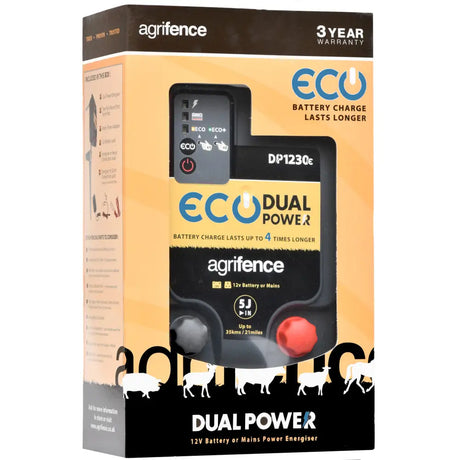 Black and red agrifence dp1230 eco dual power energiser 5j for livestock fencing with eco mode features