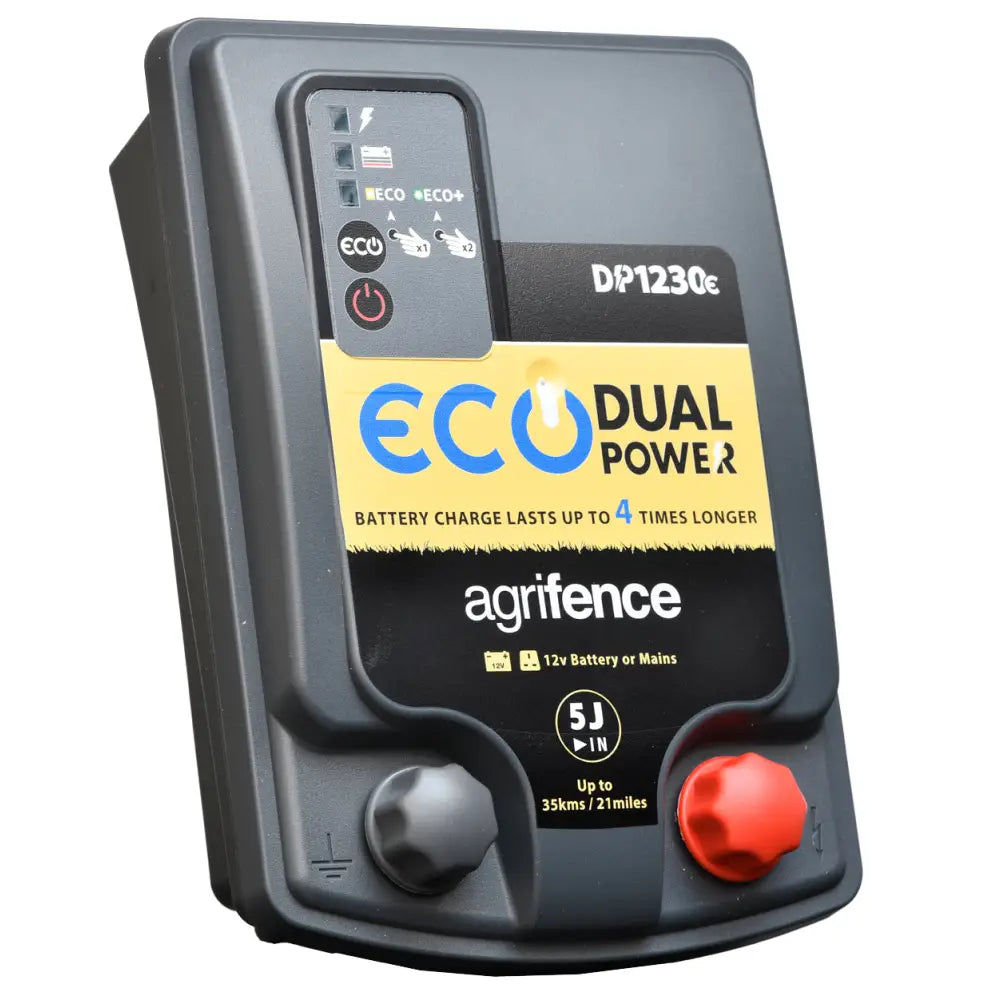 Black agrifence dp1230 eco dual power energiser 5j with yellow label red button and gray control panel