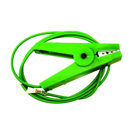 Bright green agrifence earth lead with sturdy plastic clamp and metal contacts for negative battery terminal use