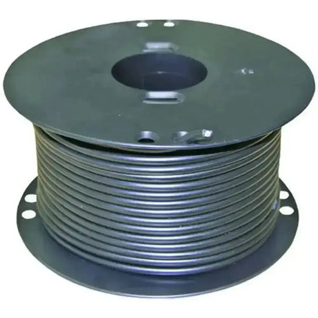 Black coiled easy leadout cable with 1.6mm core neatly wound on a sturdy black spool from agrifence easy leadout