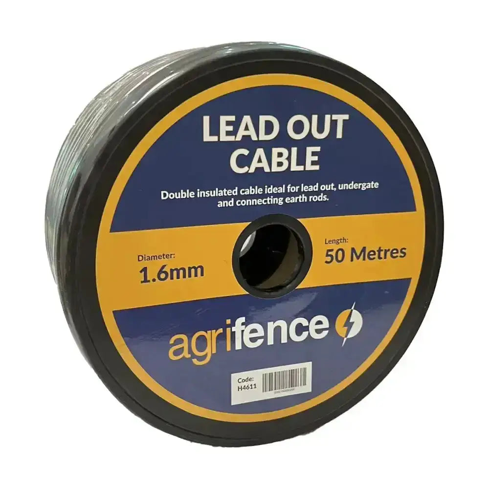 Black agrifence easy leadout cable 1.6mm diameter 50m long coiled on spool with blue and yellow labeling for mains powered energiser