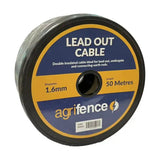 Black agrifence easy leadout cable 1.6mm diameter 50m long coiled on spool with blue and yellow labeling for mains powered energiser