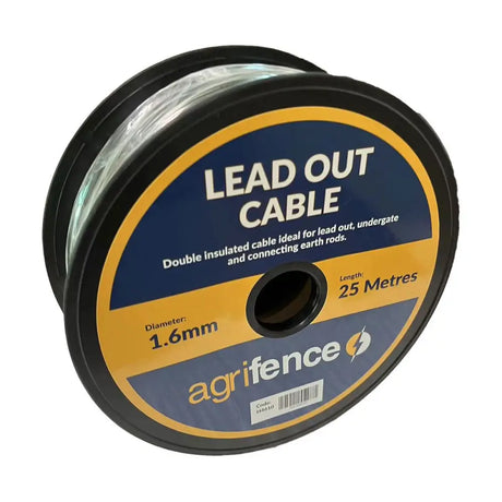 A spool of black and yellow agrifence easy leadout cable 25 meters long 1.6mm diameter for mains powered energiser