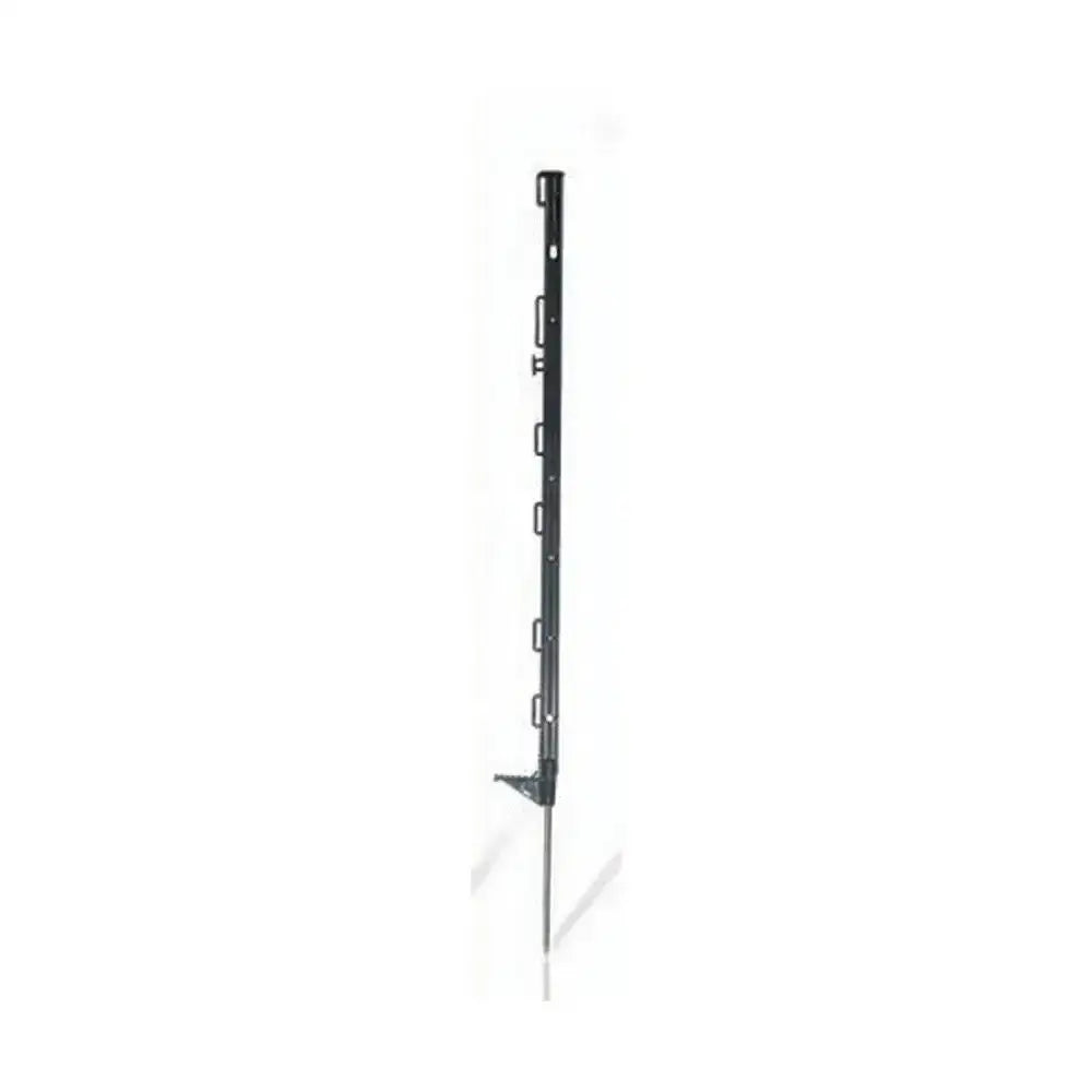 Black metal agrifence easypost fence post with multiple brackets and pointed stake featuring patented interpost linking and self-insulating design