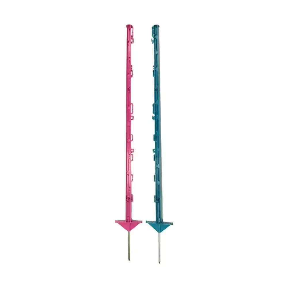 Two plastic garden stakes pink and teal with triangular base and metal spike for agrifence easypost light self-insulating post