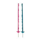Two colorful agrifence easypost garden stakes in pink and teal with pointed metal tips and patented interpost linking