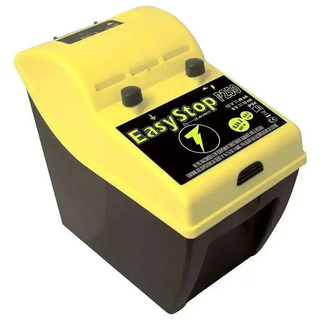 Yellow and black agrifence easystop p250 energiser battery jump starter with lightning bolt logo and internally housed energiser