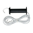 Black-handled agrifence elastic rope gate puller with white elasticated rope featuring black pattern and metal hooks