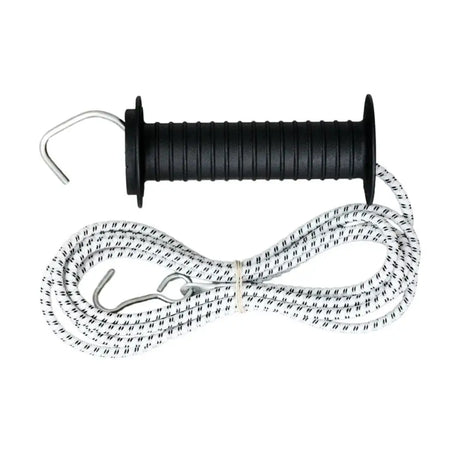 Black-handled agrifence elastic rope gate puller with white elasticated rope featuring black pattern and metal hooks