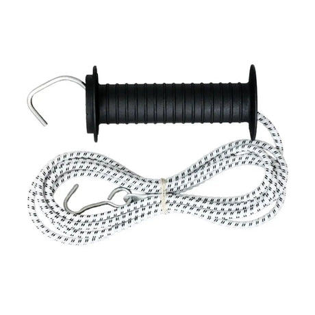 Black-handled agrifence elastic rope gate set with white elasticated electric rope and metal hooks for fencing use